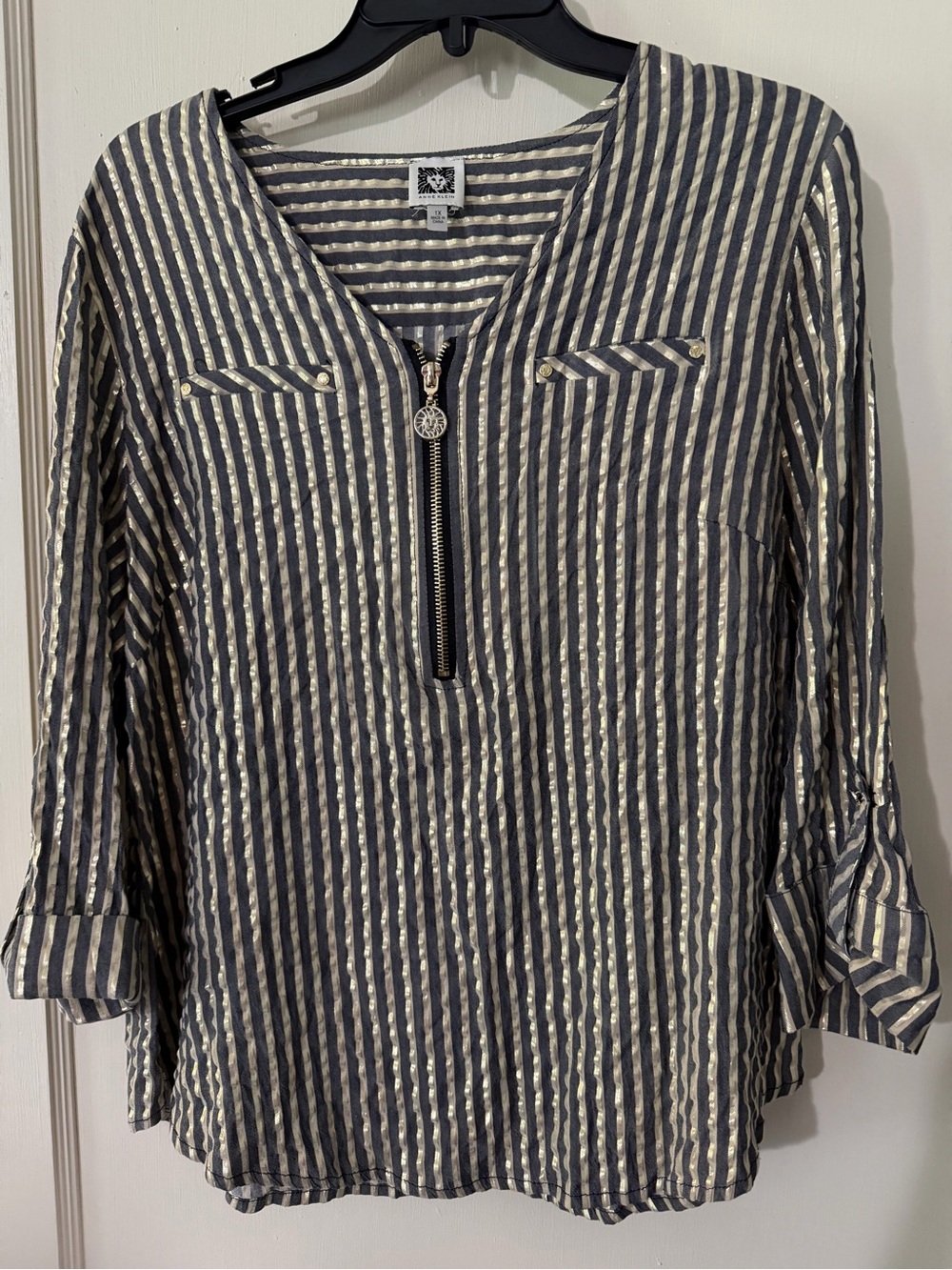 Anne Klein Silver and Black Striped Zip-Front Tunic